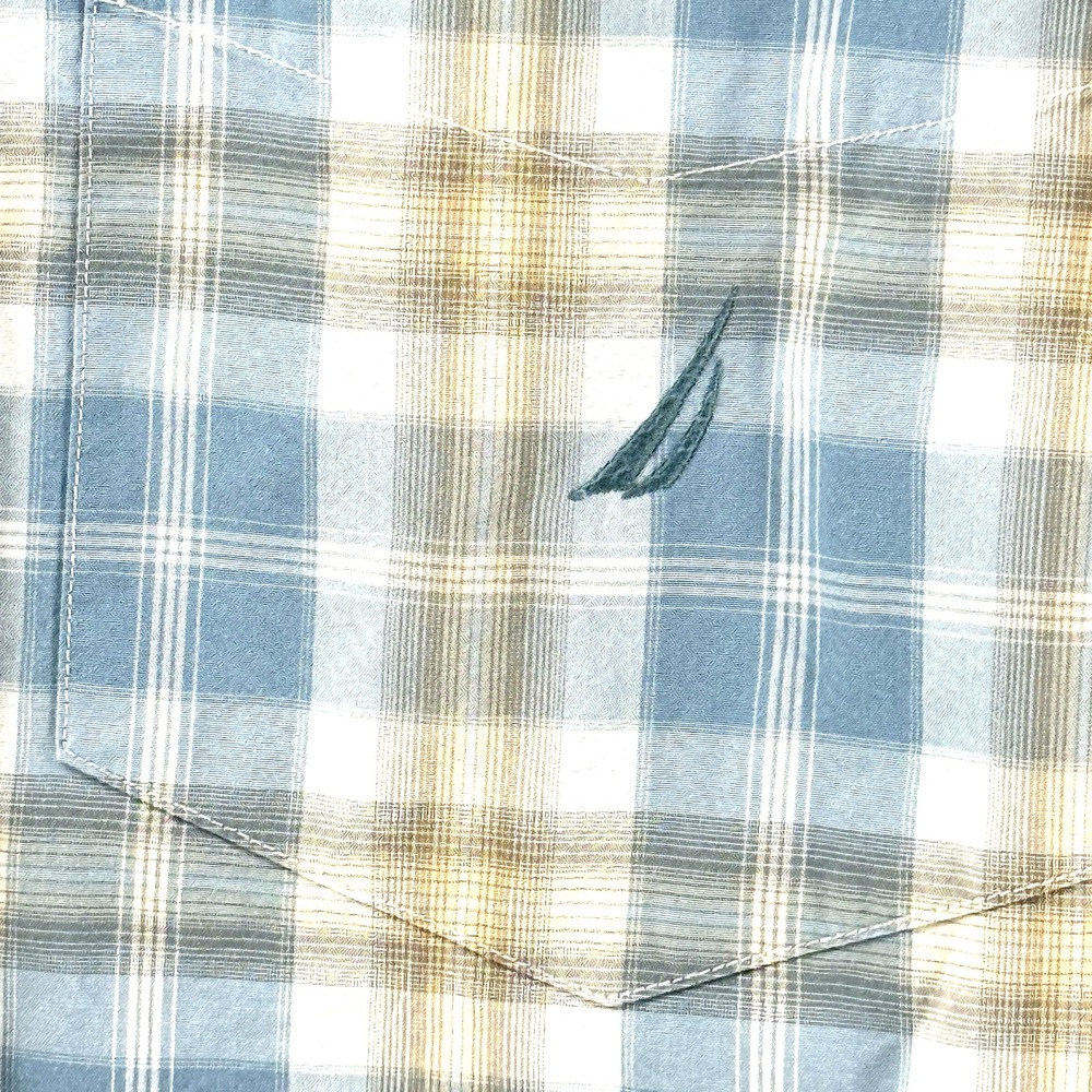 Nautica Men's 80s 2 ply cotton plaid button shirt long sleeve XXL Blue/White/Tan - Picture 7 of 8